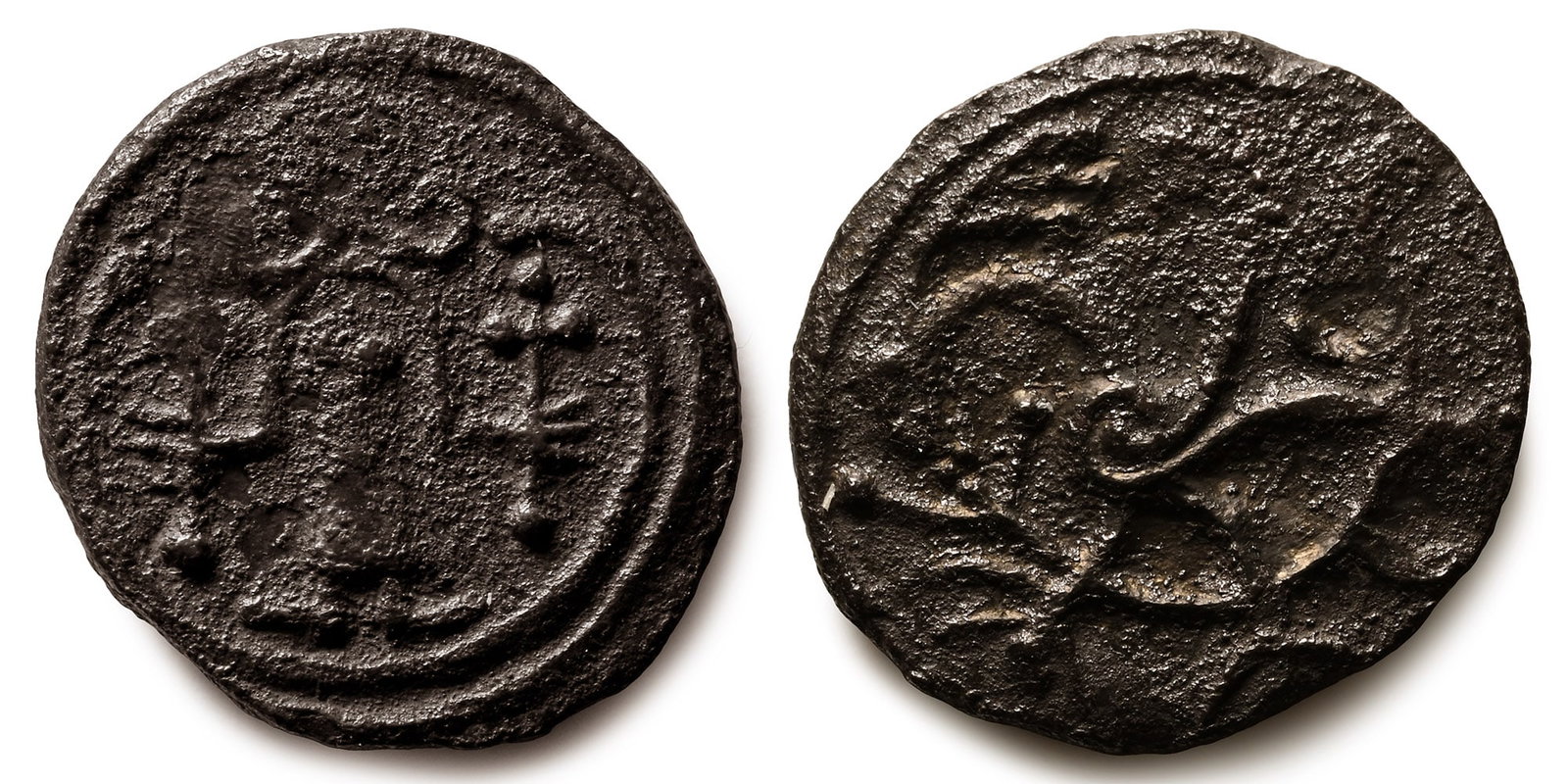 Anglo-Saxon. Secondary Sceattas AR Sceat.: Circa 710/5-725/35. Mint in Kent. Figure standing facing, head to right, long cross in each hand, in crescent-shaped boat / Bird standing to right, picking berries from vine-scroll below; branch below