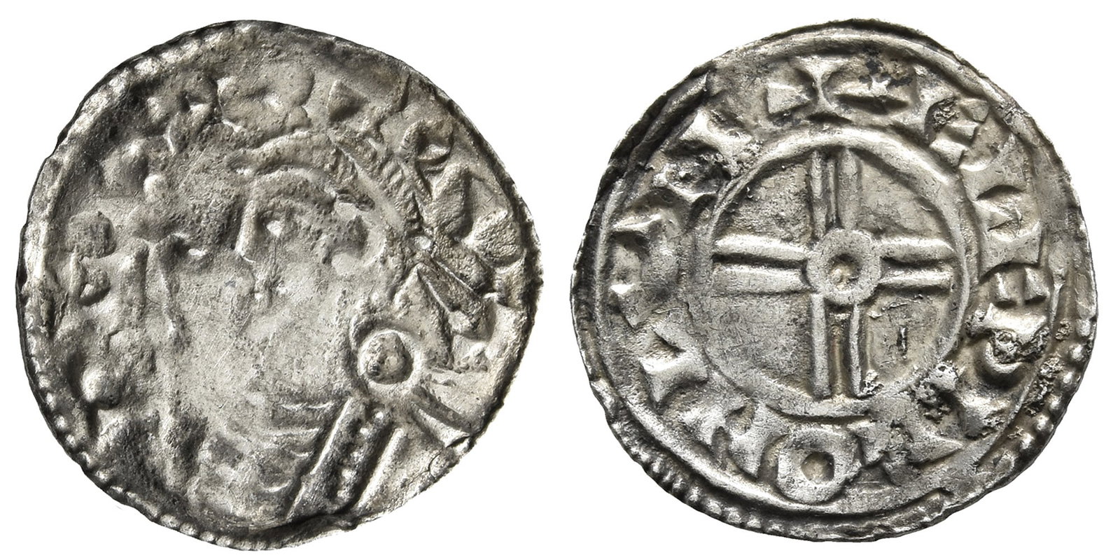 Anglo-Saxon, Kings of All England. Cnut AR Penny.: Struck circa 1029-1035/6. London mint; Aelfwig, moneyer. Short Cross type (BMC xvi, Hild. H). ? CNVT RECX, diademed and draped bust to left, lis-tipped sceptre before / ? ELFPIG ON LVN, voided short c