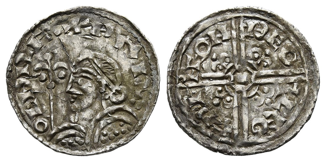 Anglo-Saxon, Kings of All England. Harold I Harefoot AR Penny.: Struck circa 1038-1040. Thetford, mint. Leofwine, moneyer. Fleur-de-lis type (BMC vc, Hild. B). ? HAR-OLD REC, diademed bust to left, holding lis-tipped sceptre and shield / ? LEO-FPI-NE(ligate) ON ?E