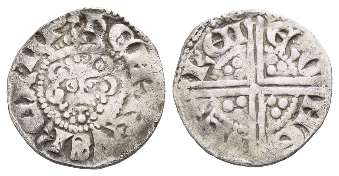 England. Plantagenet, Henry III AR Penny.: Struck 1248-1250. York mint; Rener, moneyer. Long Cross coinage, class 3b. (Star) ??NRICVS (NR ligate) R?X III', crowned facing bust / R?N?R O-N ?-V?R (?N and ?Rs ligate), voided long cross, with cent