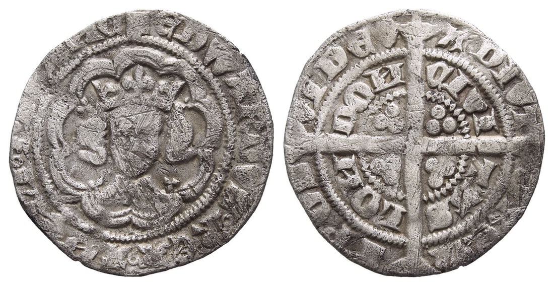England. Plantagenet, Edward III AR Halfgroat.: Struck 1351-1352. London (Tower) mint; i.m: cross 1. Fourth coinage, Pre-Treaty Period. Series C. (Cross 1) ?DWARDVS ? R?X ? ANGLI ? Z ? FRA?C, facing crowned bust within tressure of arches / (Cross 1