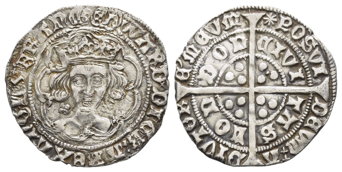 England. York, Edward IV AR Groat.: Struck circa 1461-1470. London (Tower) mint; i.m: sun. Light coinage. Mule of Classes Vd/VI. (Sun) ?DWARD × DI × GRA R?X ANGL × Z × FRANC, crowned facing bust within tressure of arches; fleurs on 