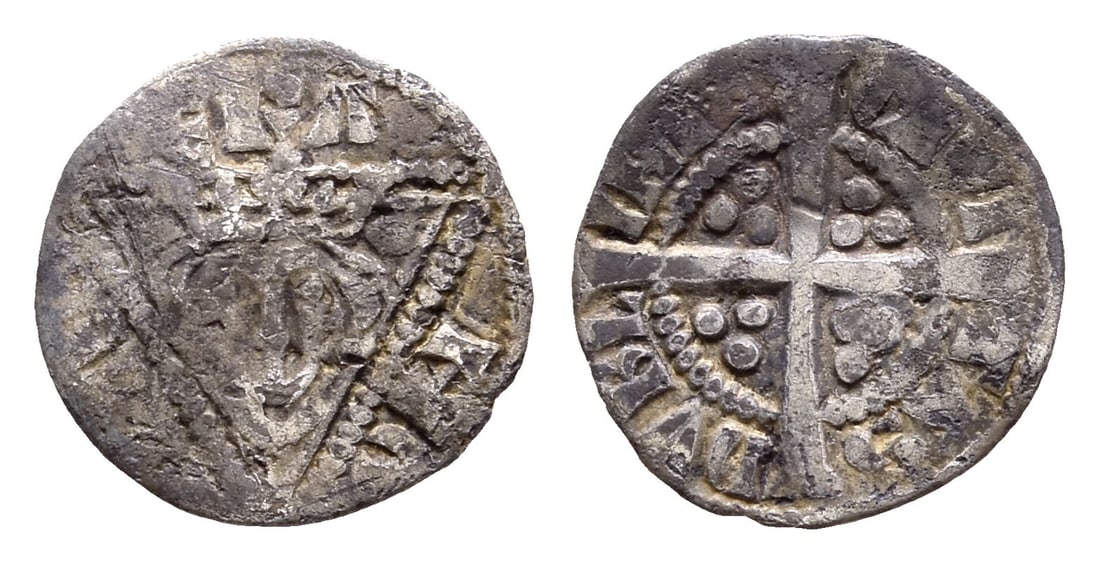 Ireland. Plantagenet, Edward I AR Farthing.: Struck circa 1280-1284. Dublin mint. Early issue. E R ANGLIE, crowned facing bust within triangle / CIVI-T?S DVBL-INI?, long cross pattée, with trefoil in each angle. SCBC 6267. 0.32gr, 10mm, 2h. Acq