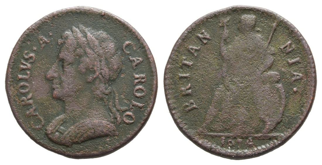 Great Britain. Stuart, Charles II CU Farthing.: Dated 1674. Tower (London) mint. CAROLVS ·A· CAROLO, laureate and cuirassed bust to left / BRITAN-NIA·, seated figure of Britannia to left, holding spear in left hand, olive branch in raised right 
