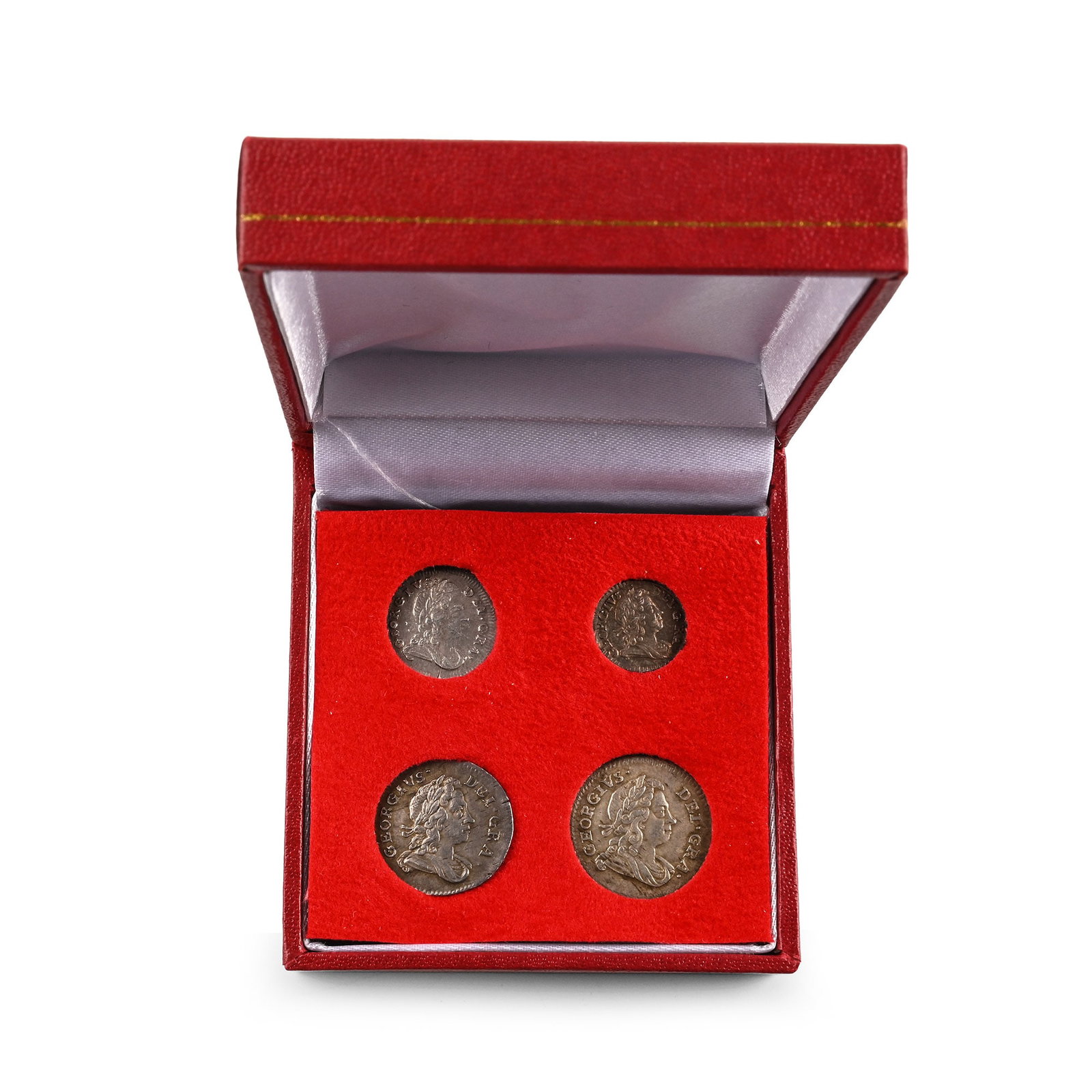 Great Britain. Hanover, George I AR Maundy Money Set.: Dated 1727. Comprising: Set of Four, Three, Two and One Penny denominations in a Maundy coin box. SCBC 3658. 49.23gr total. From the private coin collection of a West London, UK, gentleman, formed sin