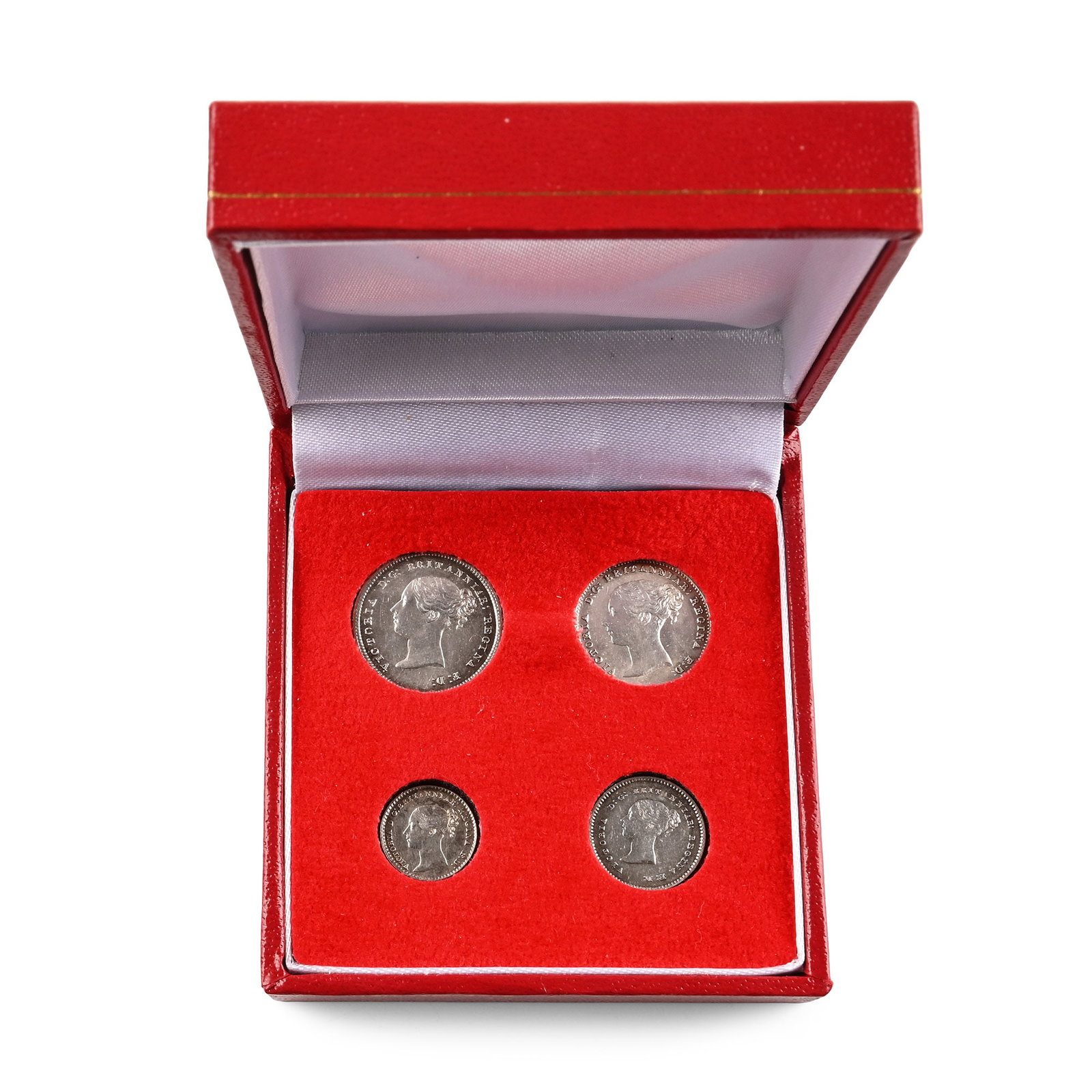 Great Britain. Hanover, Victoria AR Maundy Money Set.: Dated 1845. Comprising: Set of Four, Three, Two and One Penny denominations in a Maundy coin box. SCBC 3916. 50.25gr total. From the private coin collection of a West London, UK, gentleman, formed sin