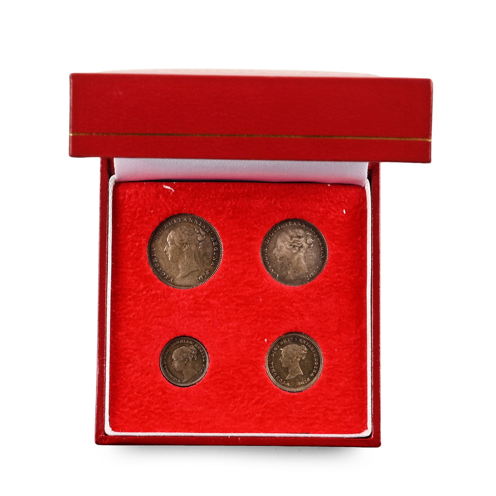 Great Britain. Hanover, Victoria AR Maundy Money Set.: Dated 1886. Comprising: Set of Four, Three, Two and One Penny denominations in a Maundy coin box. SCBC 3916. 51.87gr total. From the private coin collection of a West London, UK, gentleman, formed sin