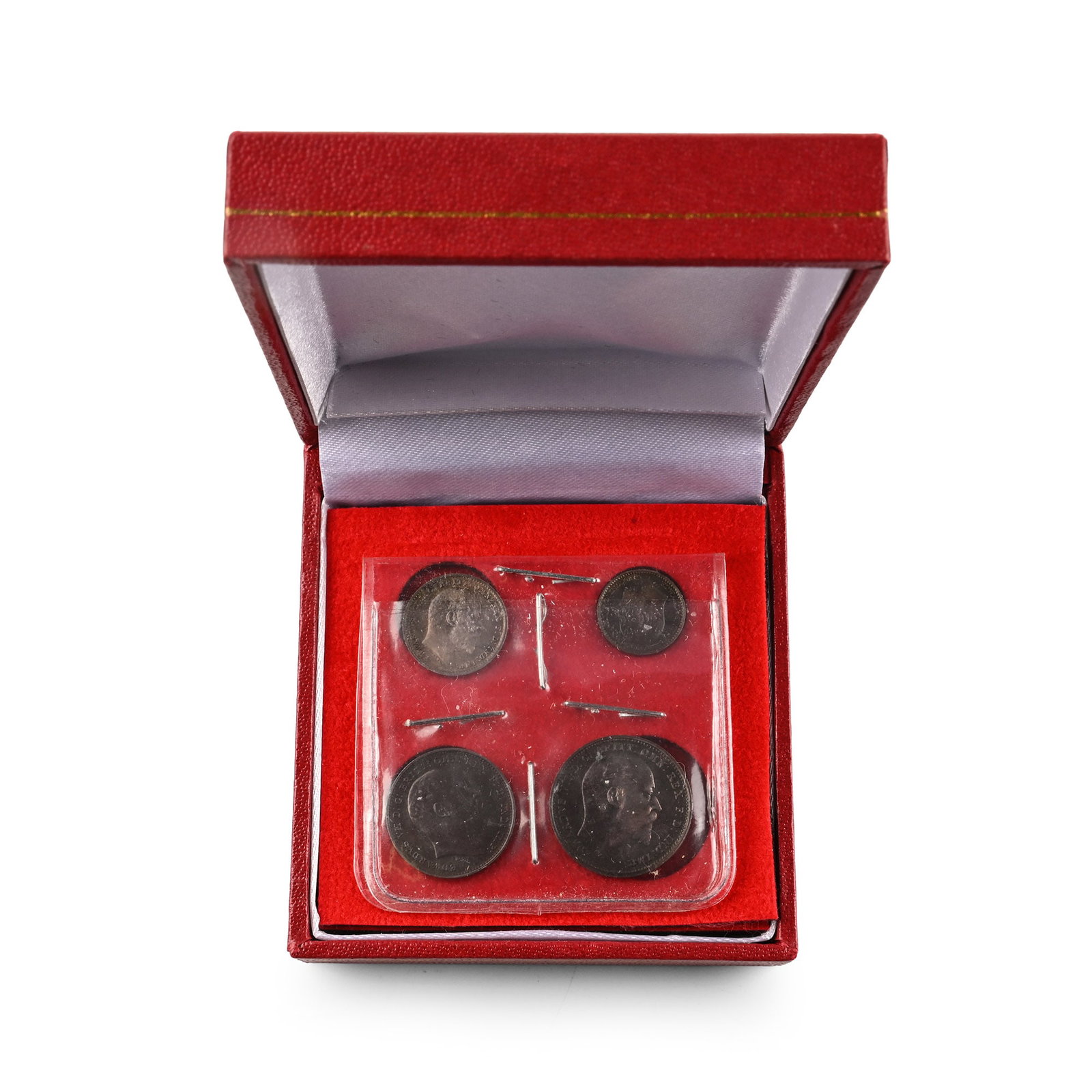 Great Britain. Saxe-Coburg-Gotha, Edward VII AR Maundy Money Set.: Dated 1909. Comprising: Set of Four, Three, Two and One Penny denominations in a Maundy coin box. SCBC 3985. 49.28gr total. From the private coin collection of a West London, UK, gentleman, formed sin