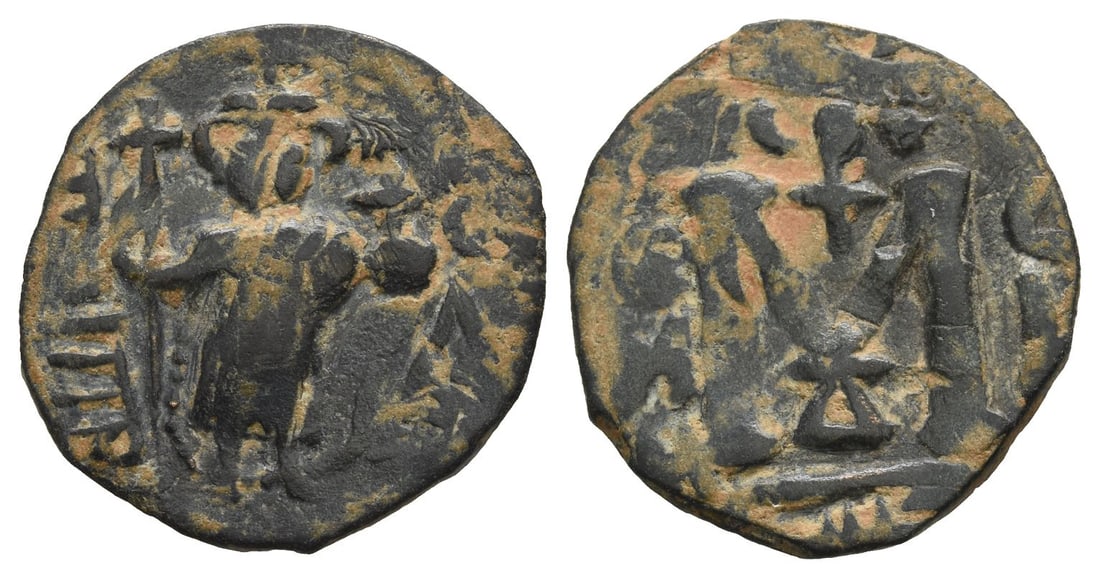 Pre-reform Issues. Imperial Image Coinage AE Fals.: Struck circa AD 660s-680. Hims (Emesa) mint. Imperial standing figure type (Type VI). Arab-Byzantine type. Standing imperial figure, holding long cruciform sceptre and globus cruciger; 'bismillah' to 
