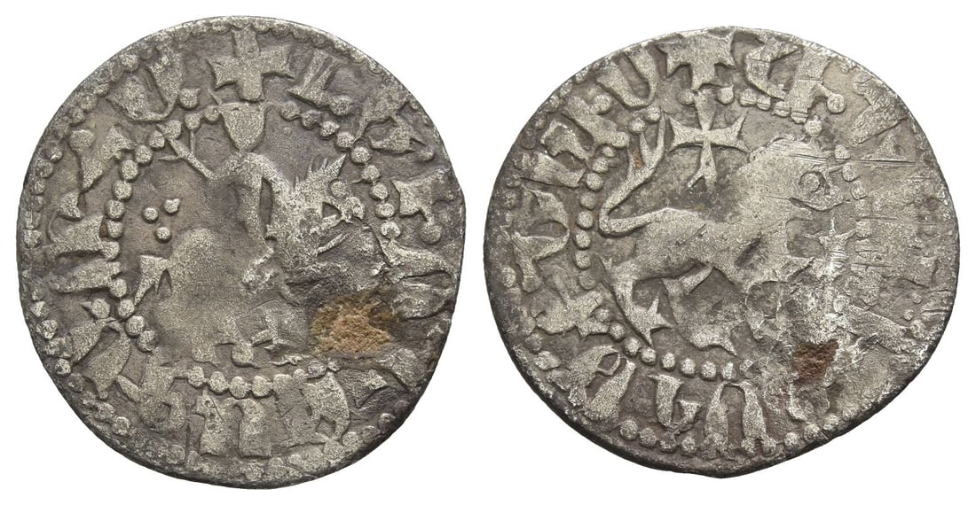 Armenia. Cilician Armenia, Levon III AR Takvorin.: 1301-1307. The king on horseback to right; control: three pellets behind / Lion walking to right, cross on his back. 2.23gr, 22mm, 3h. From the collection of a gentleman, acquired on the London art ma