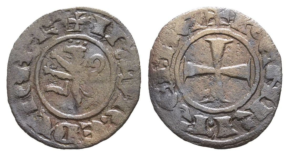 Crusaders. Lusignan Kingdom of Cyprus, Henry II BI Denier.: 1285-1324. ? IRL'?? : ?D' C?IPR, rampant lion to left / ? ??NRI : R?I : D?, cross pattée. Metcalf, Crusades 729; CCS 66a. 0.49gr, 16mm, 6h. Ex Parthenon Gallery and Coincraft, London, UK, 1990s-2010.