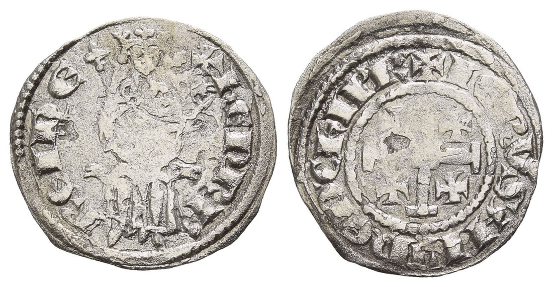 Crusaders. Lusignan Kingdom of Cyprus, Henry II AR Gros petit.: Second reign, 1310-1324. Series 1A, without field-mark. ???RI R?I D?, Henry enthroned facing, throne decorated with lions, holding lis-tipped sceptre and globus cruciger / ? I?RVSAL'?? ? D' C?IPR', cr