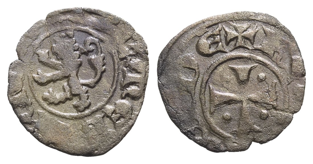 Crusaders. Lusignan Kingdom of Cyprus, Henry II BI Denier.: 1285-1324. ? IRL'?? ?D C?IPR, rampant lion to left / ? ??NRI R?I D?, cross pattée with pellets in quarters. CCS 66c. 0.60gr, 15mm, 9h. Ex Parthenon Gallery and Coincraft, London, UK, 1990s-2000s. Pro