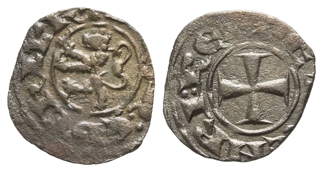 Crusaders. Lusignan Kingdom of Cyprus, Henry II BI Denier.: 1285-1324. ? IRL'?? : ?D C?IPR, rampant lion to left / ? ??NRI : R?I D?, cross pattée. Metcalf, Crusades 729; CCS 66a. 0.75gr, 16mm, 4h. Ex Parthenon Gallery and Coincraft, London, UK, 1990s-2000s. P