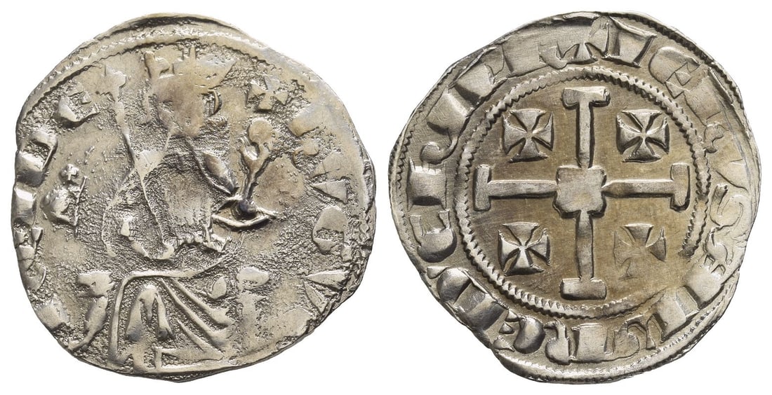 Crusasers. Lusignan Kingdom of Cyprus, Hugh IV AR Gros.: 1324-1359. ?VGV? R?I D?, King seated facing on throne decorated with lions, holding lis-tipped sceptre and globus cruciger; crosslet above C in left field / ? I?RUSAL'?? ? D C?IPR, cross of Jerusalem.