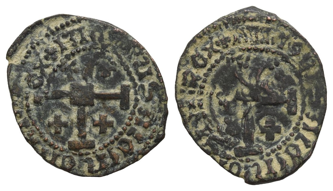 Crusader States. Cyprus (Lusignan Kingdom), James II AE Sixain.: 1460-1473. Famagusta mint(?). Jerusalem Cross / Lion rampant to left. Cf. Tziambazis 74; cf. Metcalf, Crusades 1995, 808-11; cf. CCS 163. 2.64gr, 22mm, 8h. From an old English collection, Bournemouth,