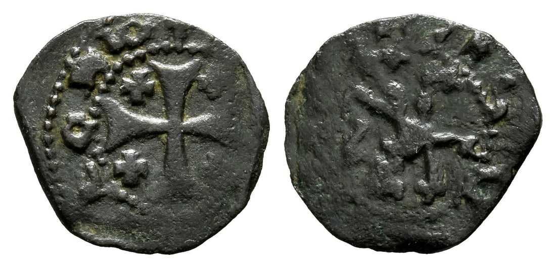 Crusaders. Lusignan Kingdom of Cyprus, James II AE Sixain.: 1460-1473. Uncertain mint. Lion rampant to left / Jerusalem cross. Cf. M&P pl. 29, 1-7 (for type). 0.64gr, 14mm, 2h. Property of a North London, UK, gentleman. TimeLine Auctions follows a rigorous vet