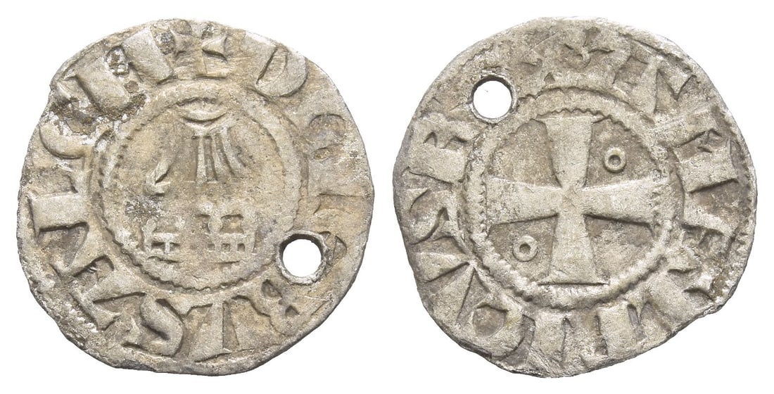 Crusaders. Latin Kingdom of Jerusalem, Amaury BI Denier.: 1163-1174. ? D? I?RVSAL?M, church of the Holy Sepulchre in Jerusalem / AMALRICVS R?X, cross pattée with annulets in 2nd and 3rd quarters. Metcalf, Crusades 176; CCS 25. 0.76gr, 17mm, 9h. From the col