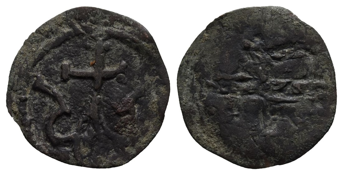 Bulgaria, Uncertain ruler AE Trachy.: 14th century AD. Cross pattée set upon floral base / Uncertain design. 0.76gr, 19mm, 6h. Ex German art market, 2000s. Acquired from an EU collector living in London. From the collection of a Surrey, 