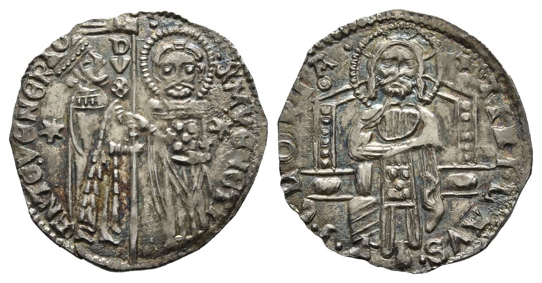 Italy, Venezia (Venice). Antonio Veniero AR Grosso.: Doge LXII, 1382-1400. ANTO • V?N?R DVX • S • M V?N?TI, Doge and St Mark standing facing, holding banner between them; star in left and right fields / • + • TIBI • LAVS &b