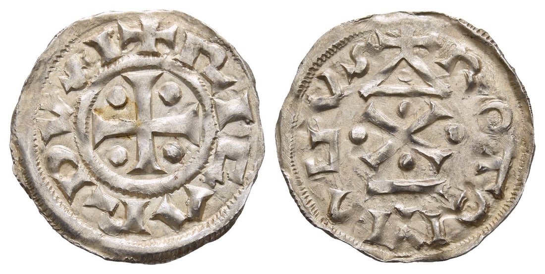 France. Normandie, Richard I AR Denier.: 943-996. Rotomagus (Rouen) mint. RIC?RDVS I, central cross with four besants / ROTOM?GVS, central temple. Dumas 21-772. 1.16gr, 21mm, 3h. Property of a London, UK, antiquarian. TimeLine Auctions follo