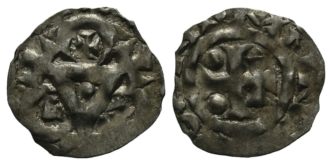 France, Provincial. Normandie, Guillaume II le Conquérant (William the Conqueror) AR Denier.: Struck 1083-1087. Rouen mint. ? NORMANNIA around patriarchal cross with pellets in the lower angles / Church pediment, with pellet within, surmounted by cross; around, PAX witihin semicircles. Legros 