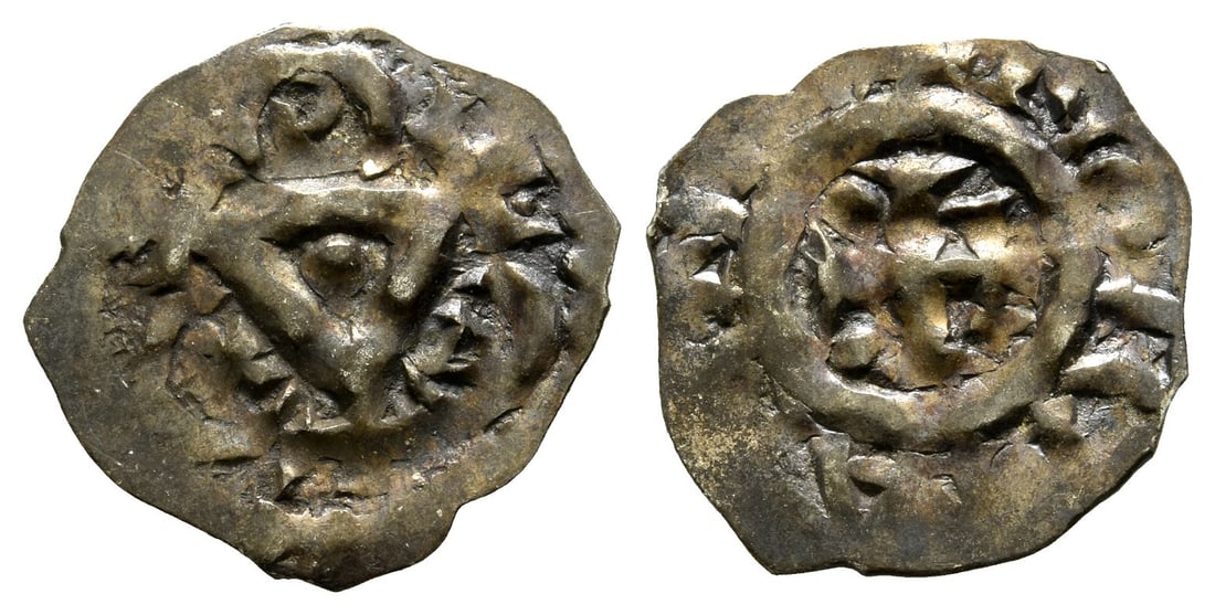 France, Provincial. Normandie, Guillaume II le Conquérant (William the Conqueror) AR Denier.: Struck 1083-1087. Rouen mint. ? NORMANNIA around patriarchal cross with pellets in the lower angles / Church pediment, with pellet within, surmounted by cross; around, PAX witihin semicircles. Legros 