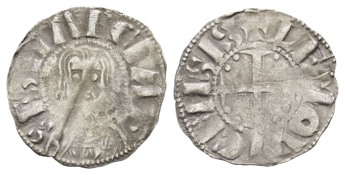 France. Provincial, Limoges (Abby of Saint-Martial) AR Denier.: 12th-13th century AD. SES MARCIAL, facing bust of St. Martial / ? LEMOVICENSIS, cross pattée; pairs of pellets in each quarter. Boudeau 390; PdA. 2291. 0.99gr, 19mm, 3h. From the collection of a gent