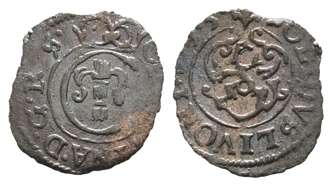 Swedish Livonia, Christina BI Solidus.: Dated 1653(?). CHRISTINA · D · G · R · S ·, Vasa arms inside crowned monogram / SOLIDVS LIVONIÆ 5 · 3(?) ·, griffin holding two swords with its feet. Ahlström 5; Haljak II?1425; Fed?863. 0.33