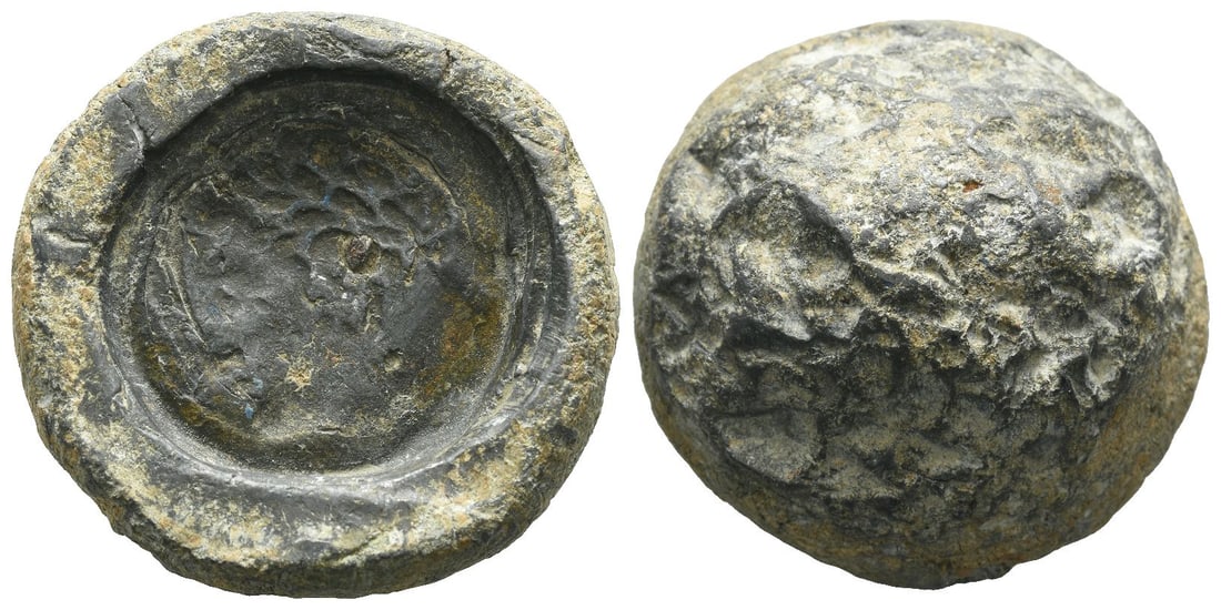 Greek BI Token Casting Mould or Coin Die.: Circa 3rd-1st century BC. Incuse of a laureate male head to right / Blank. 121gr, 38mm, 12h. From the collection of a gentleman, acquired on the London art market in the 1990s. TimeLine Auctions follo