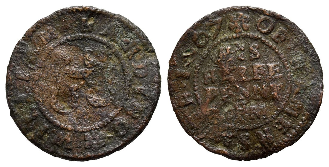 England. Middlesex, Hammersmith. William Harding AE Halfpenny Token.: Dated 1667. WILLIAM HARDING, three horseshoes / Legend around central design / OF HAMERSMITH 1667, HIS HALFE PENNY [..]. Dickinson 68. 2.38gr, 21mm, 6h. Property of a Cambridgeshire, UK, gentleman. Ti