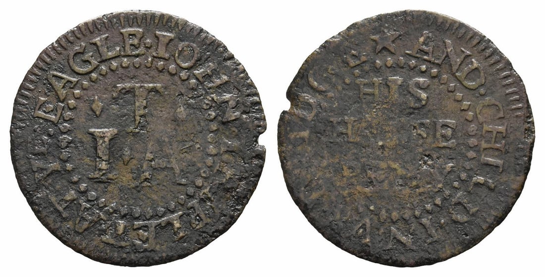 England. Middlesex, Uxbridge. John Triplet AE Halfpenny Token.: 17th century AD. • IOHN • TRIPLET • AT • YE • EAGLE, T over I.A / ? AND • CHILD • IN • VXBRIDGE, HIS HALFE PENY in three lines. Dickinson 236. 1.41gr, 20mm, 12h