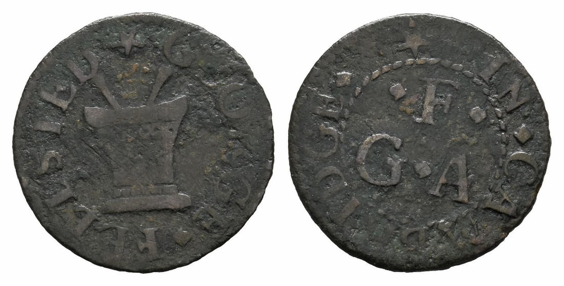 England. Cambridgeshire, Cambridge. George Fellsted AE Farthing Token.: 17th century AD. (mullet)GEORGE(lozenge)FELLSTED, around pestles in morter / (mullet) IN(lozenge)CAMBRIDGE(lozenge), around cable inner circle, (lozenge)F(lozenge) over G(lozenge)A. Dickinson 41. 0.91