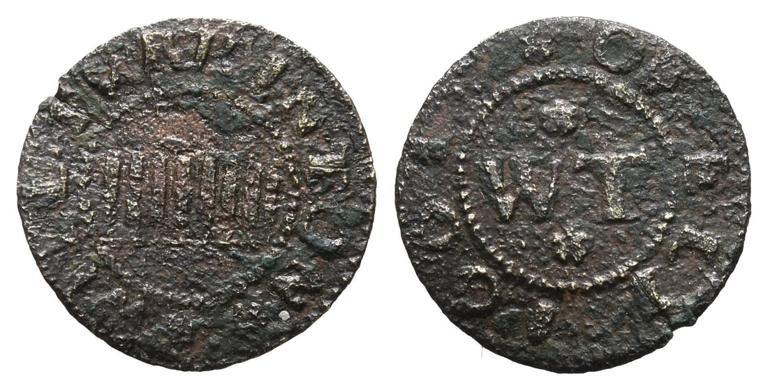 England. Cambridgeshire, Ely. Will Turkington AE Farthing Token.: Dated 1661. (rosette)WILL:TVRKINGTON (rosette):., stick of candles / (rosette)OF.ELY.1661.:., WT (rosette). above and below. Dickinson 121/3. 0.84gr, 16mm, 3h. Property of a Cambridgeshire, UK, gentle