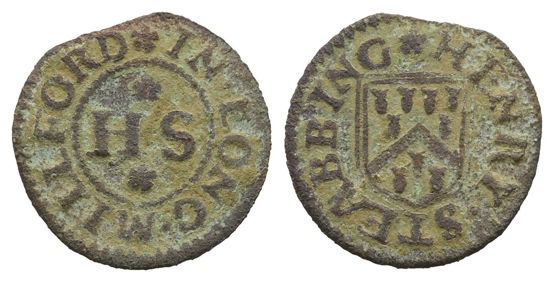England. Henry Steabbing in Long Millford AE Token.: 17th century AD. HERNY STEABBING around coat-of-arms / IN LONG MILLFORD around H S. 0.85gr, 16mm, 7h. Found Suffolk, UK. TimeLine Auctions follows a rigorous vetting process to ensure the authenticity