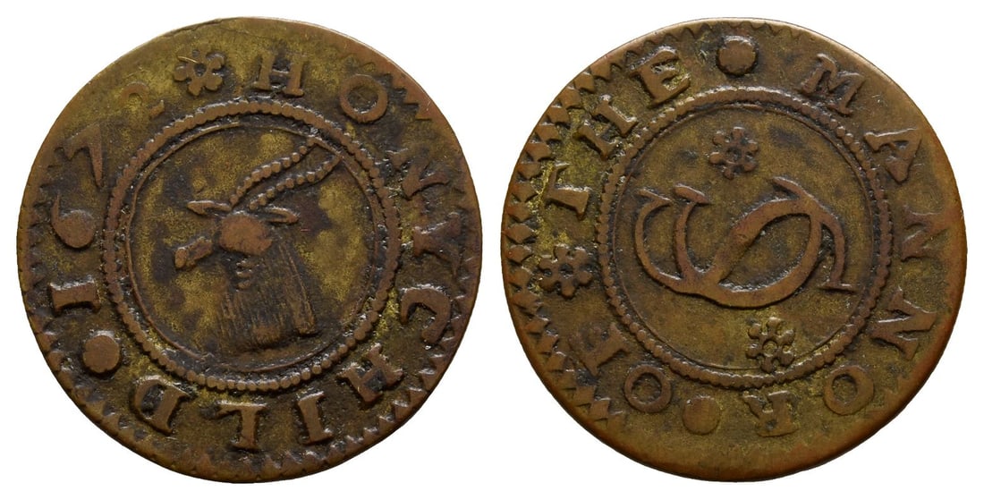 England. Kent, Honychild. C.S. AE Halfpenny Token.: Dated 1672. HONYCHILD 1672, animal's head to left / OF THE MANNOR around monogram of CS. Dickinson 354. 2.25gr, 21mm, 3h. Property of a Cambridgeshire, UK, gentleman. TimeLine Auctions follows a rigor