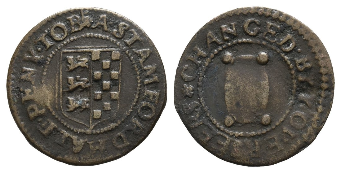 Lincolnshire, Stamford. Borough Issue AE Halfpenny Token.: 17th century AD. (cinquefoil)A.STAMFORD.HALF.PENY.TO.BE, Town Arms / (cinquefoil)CHANGED BY.Y.E OVERSEERS, woolpack. Dickinson 234/5. 1.51gr, 19mm, 6h. Property of a Cambridgeshire, UK, gentleman. Tim