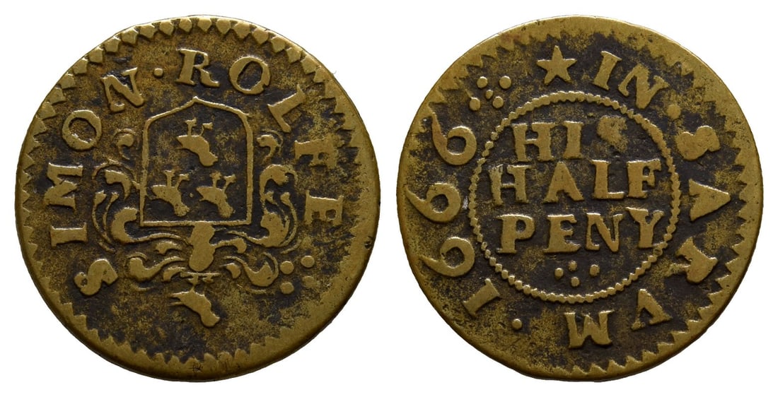 Wiltshire, Salisbury. Simon Rolfe AE Halfpenny Token.: Dated 1666. SIMON ROLFE around Family Arms / (mullet)IN.SARVM.1666 around HIS HALF PENY in three lines. Dickinson 222. 2.12gr, 19mm, 1h. Property of a Cambridgeshire, UK, gentleman. TimeLine Auctions 