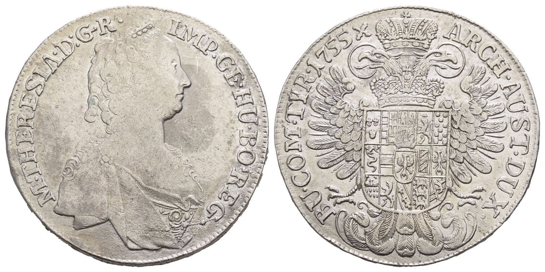 Austria. Holy Roman Empire, Maria Theresia Empress AR Taler.: Dated 1755. Hall mint. M • THERESI? •D • G • R • IMP • GE • HU • BO • REG •, crowned and draped bust to right / ARCH • AUST • DUX • BU 