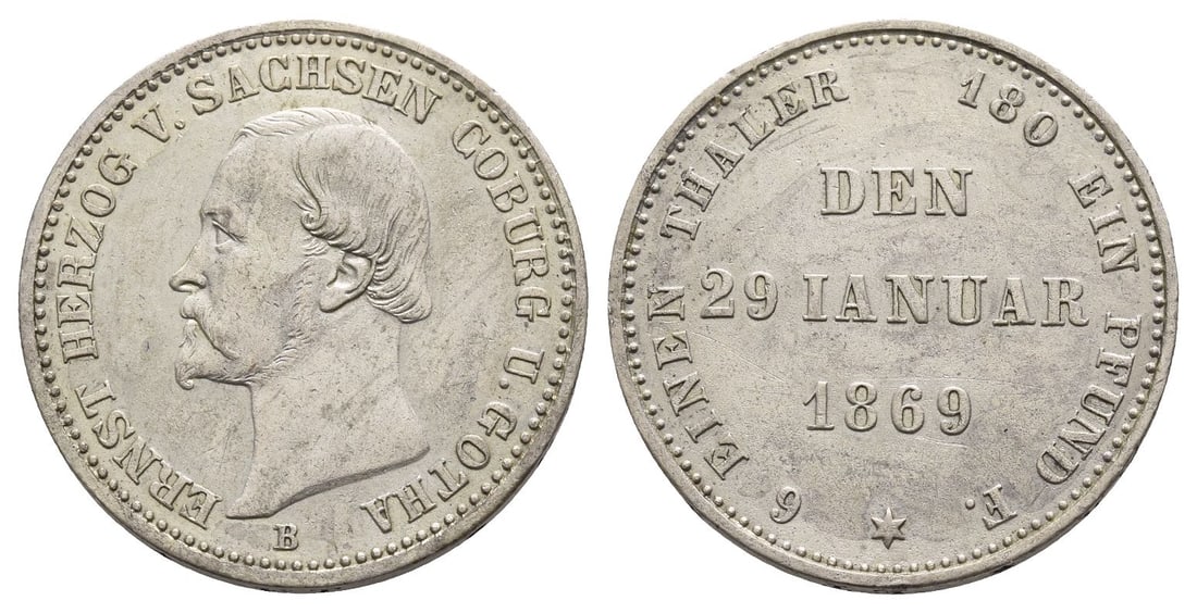 German States. Duchy of Saxe-Coburg and Gotha, Ernst II AR 1/6 Thaler.: Gustav Julius Buschick, Mint Master. Dated 1869. Dresden mint. Commemorative issue for 25th Anniversary of the Reign of Duke Ernst II. ERNST HERZOG V. SACHSEN COBURG U. GOTHA, head to left, B below / 