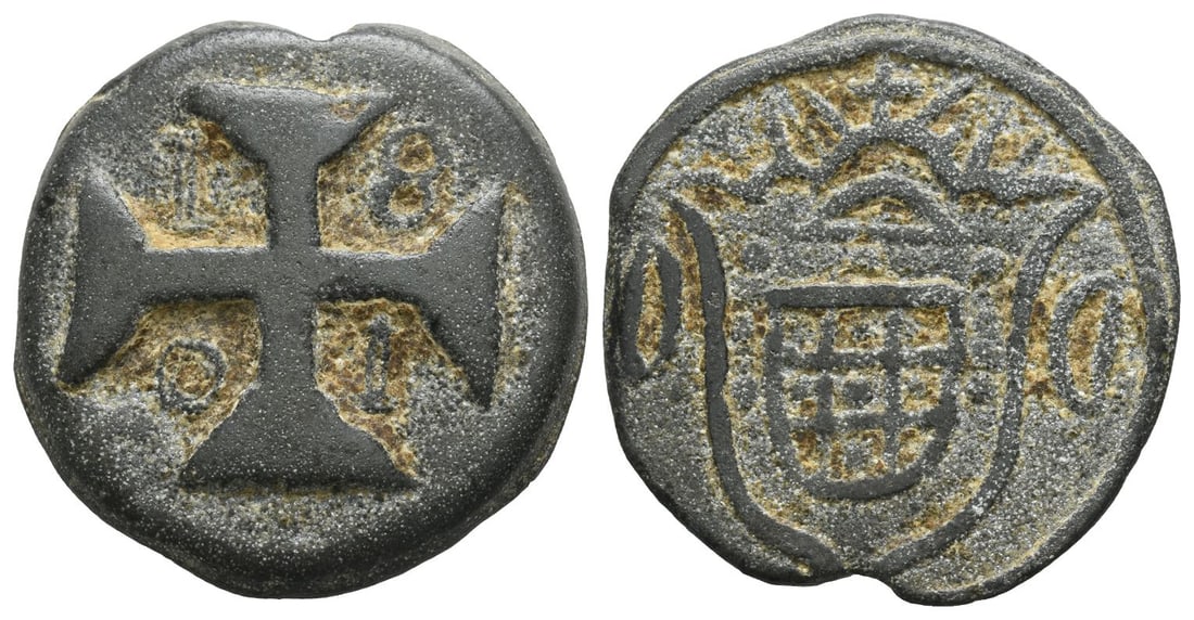 India, Colonial. Portuguese India, Maria I a Piedosa (the Piteous) Tin 20 Bazarucos.: Dated 1801. Dio (Diu) mint. Maltese crown divides date in angles / Crude crowned arms. KM 47; Gomez 07.03; Vaz, Indo-Portuguese M1.145. 15.8gr, 33mm, 6h. (1 1/4 in.). From a retired Lincolnshire, UK, 