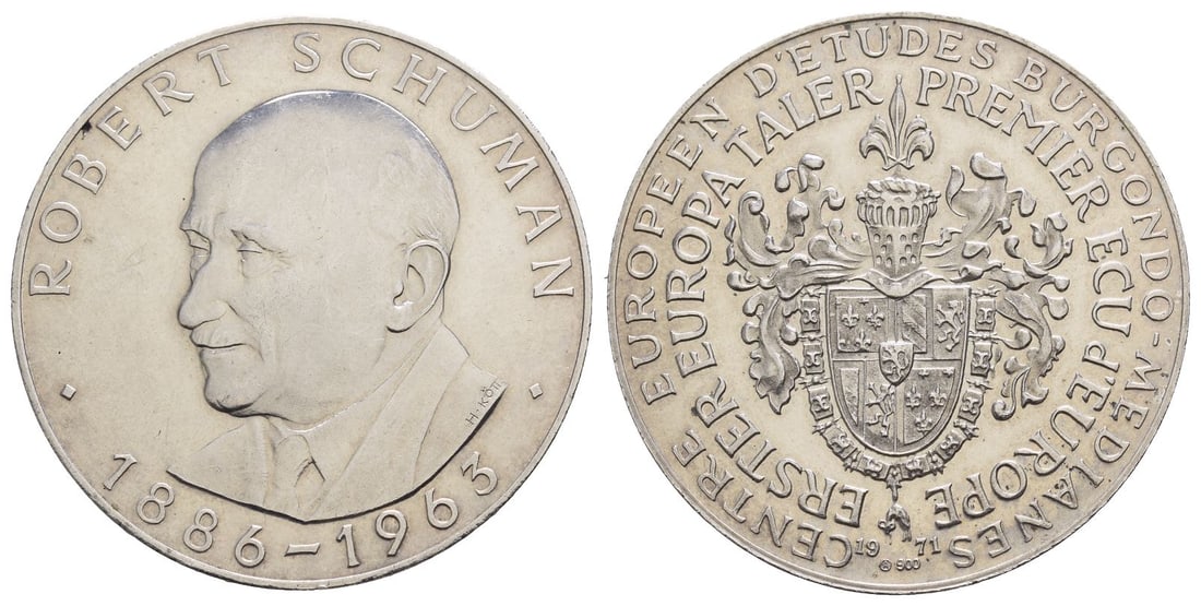 Europe. Fantasy AR Thaler.: Dated 1971. Vienna mint. 1st Thaler of Europe. Dies by Hans Köttenstorfer. ROBERT SCHUMAN ? 1886 - 1963 ?, portrait of Robert Schuman, former President of the European Parliament; H. CÖTT on the