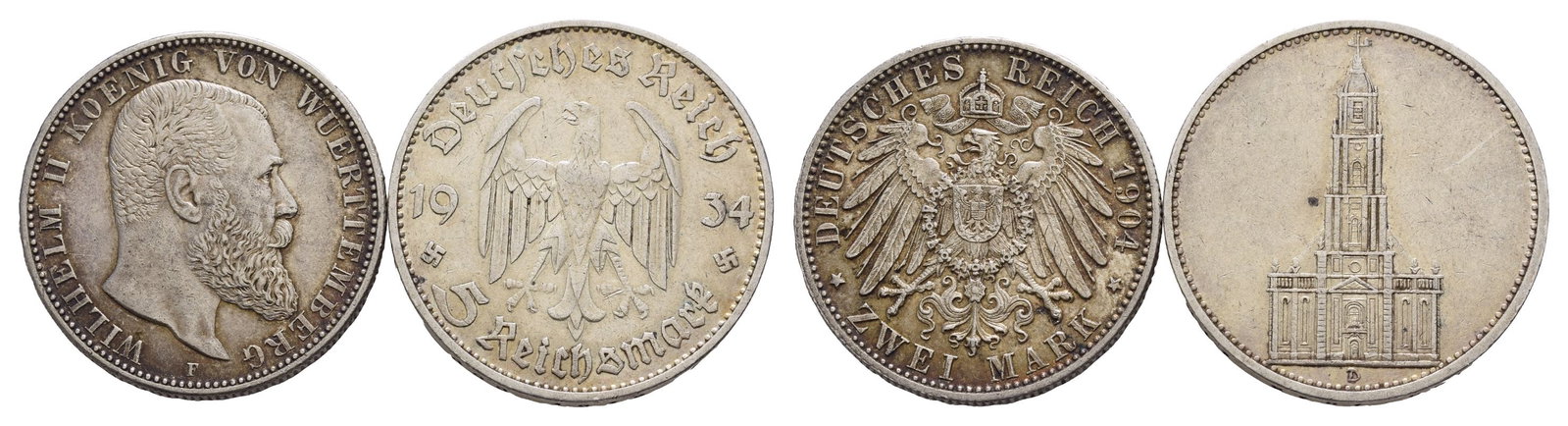Group of Two [2] AR Two & Five German Marks.: 1904, 1934. Comprising: various dates as seen. 24.89gr total, 28-29mm. Acquired on the UK art market before 2000. Property of an Essex, UK, gentleman. TimeLine Auctions follows a rigorous vetting proc