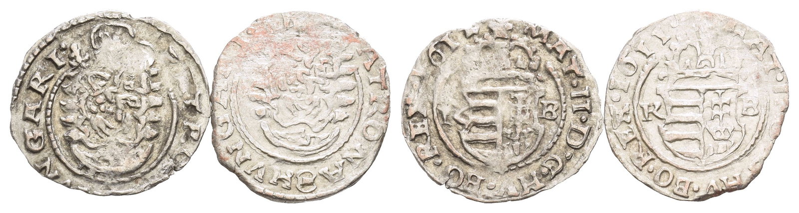 Group of Two [2] Hungary, Matthias I Corvinus AR Denarius.: 15th century AD. Comprising: two examples in good, clean condition. 1.02gr total, 14-15mm. [2] Acquired on the German art market before 2000. Private collection, South Germany. TimeLine Auctions follo