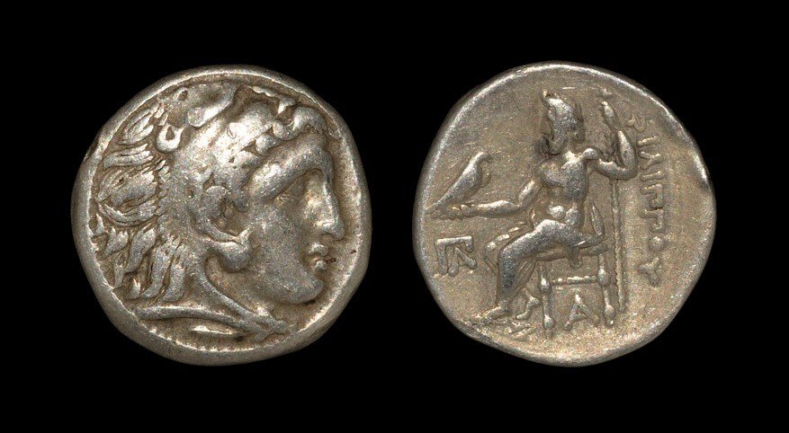 Greek Philip III Drachm: Philip III. 323-317 BC. Kolophon mint. AR Drachm. Obv: Head of Herakles right, wearing lionskin headdress. Rev: FILIPPOU, Zeus enthroned left, holding eagle and sceptre; PA monogram in left field, A u
