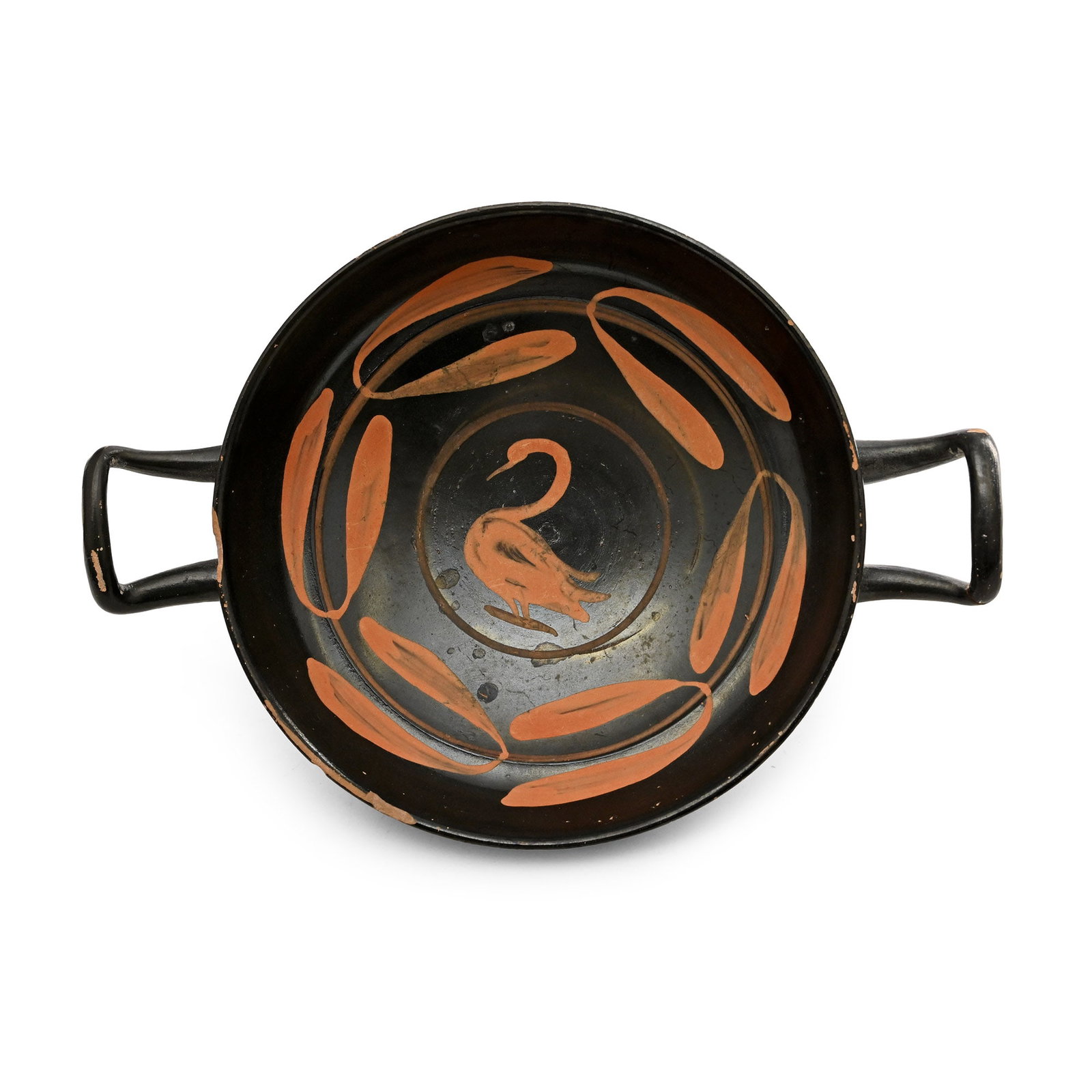 Greek Black-Glazed Twin-Handled Stemless Kylix with Swan (1 of 2)