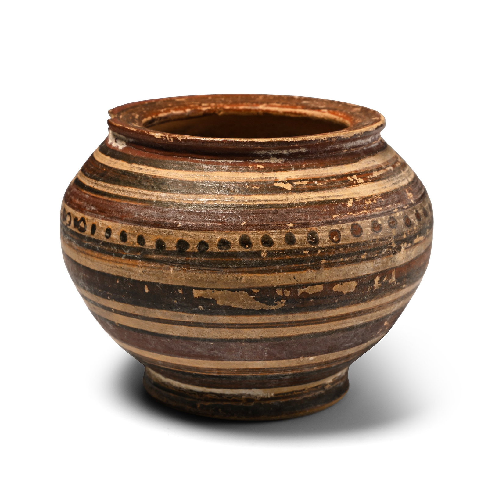Phoenician Bowl with Crimson and Black Decorations: 4th century B.C. With a narrow basal ring, a flared rim, and painted circumferential bands. Cf. identical Bowl without decoration in Moscati, S., I Fenici, Milano, 1988, p.125. 49.2 grams, 63 mm (2 3/