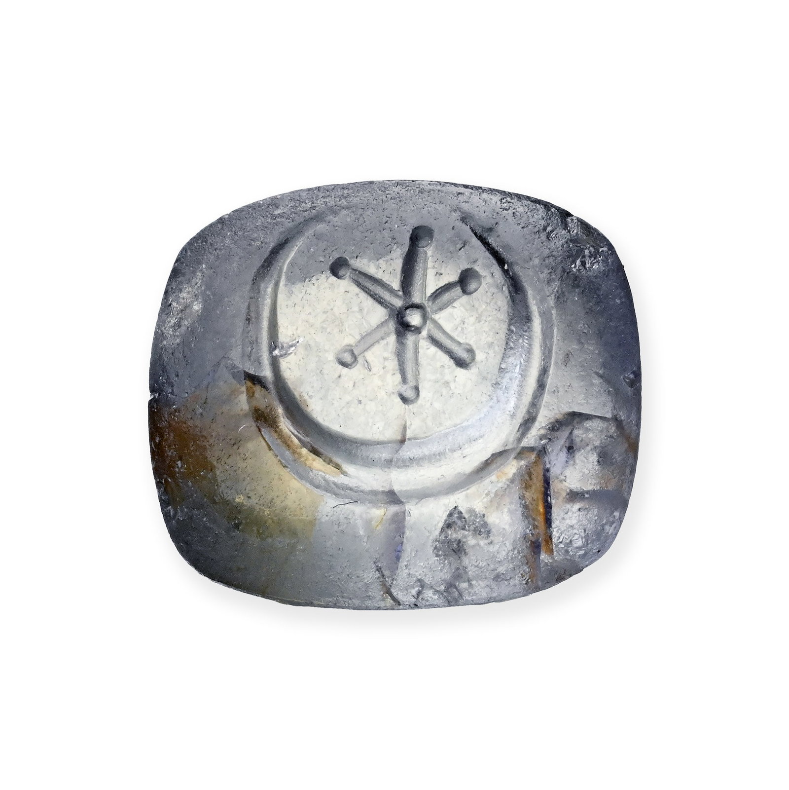 Roman Sapphire Gemstone with Crescent Moon and Star: Third quarter of 1st century B.C. Cushion-shaped greenish-blue intaglio engraved with a large crescent moon and star. Cf. for the use of sapphire in Roman jewellery, Altamura, F., Tomei, N., Cerino, P