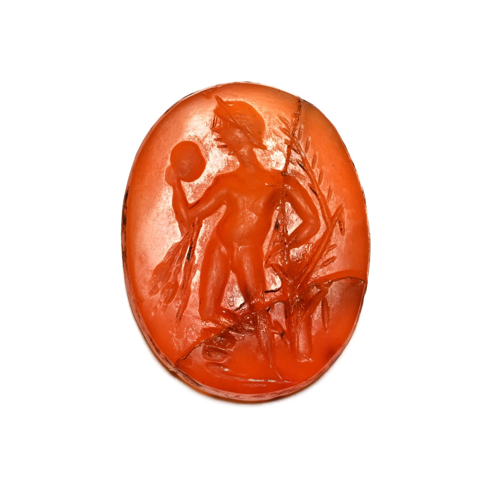 Large Roman Carnelian Gemstone with Hercules: 1st-2nd century A.D. Ellipsoid type with incuse design of Hercules standing under the tree of Hesperides, holding one of the apples; repaired; supplied with a museum-quality impression. Cf. similar im