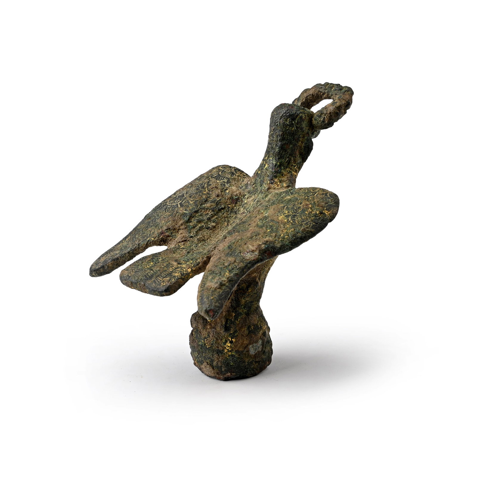 Roman Gilt Bronze Eagle On Globe Holding a Victory Wreath: 2nd-3rd century A.D. Modelled in the round as a standing eagle with its wings spread and short tail; incised feather detailing to the body and wings, head with detailed eyes, victory wreath held in it